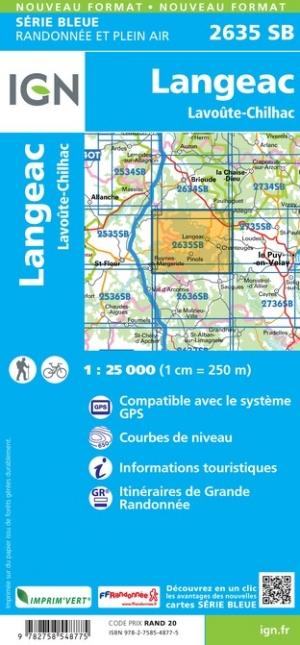 Carte de randonnée n° 2635 - Langeac, Lavoûte-Chilhac | IGN - Série Bleue carte pliée IGN 