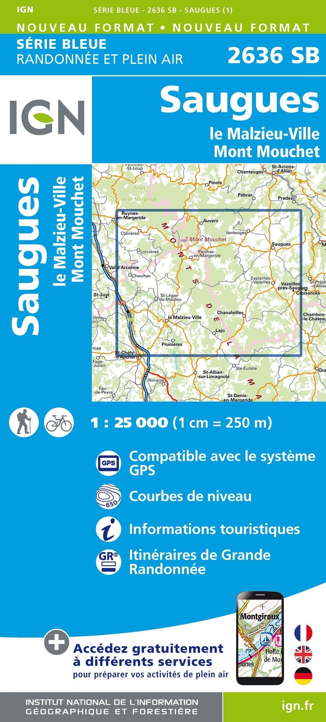 Carte de randonnée n° 2636 - Saugues, Le Malzieu-Ville, Mont Mouchet | IGN - Série Bleue carte pliée IGN 