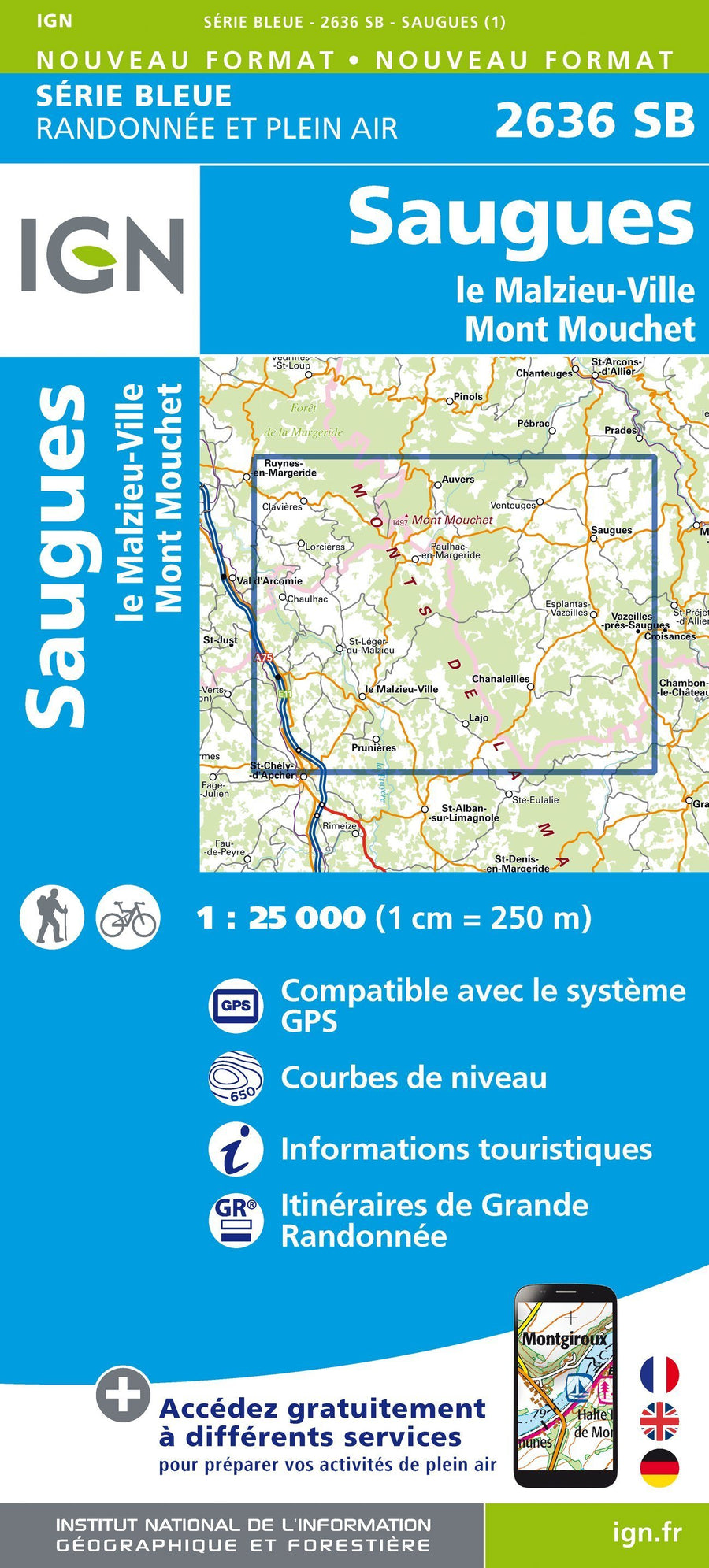 Carte de randonnée n° 2636 - Saugues, Le Malzieu-Ville, Mont Mouchet | IGN - Série Bleue carte pliée IGN 