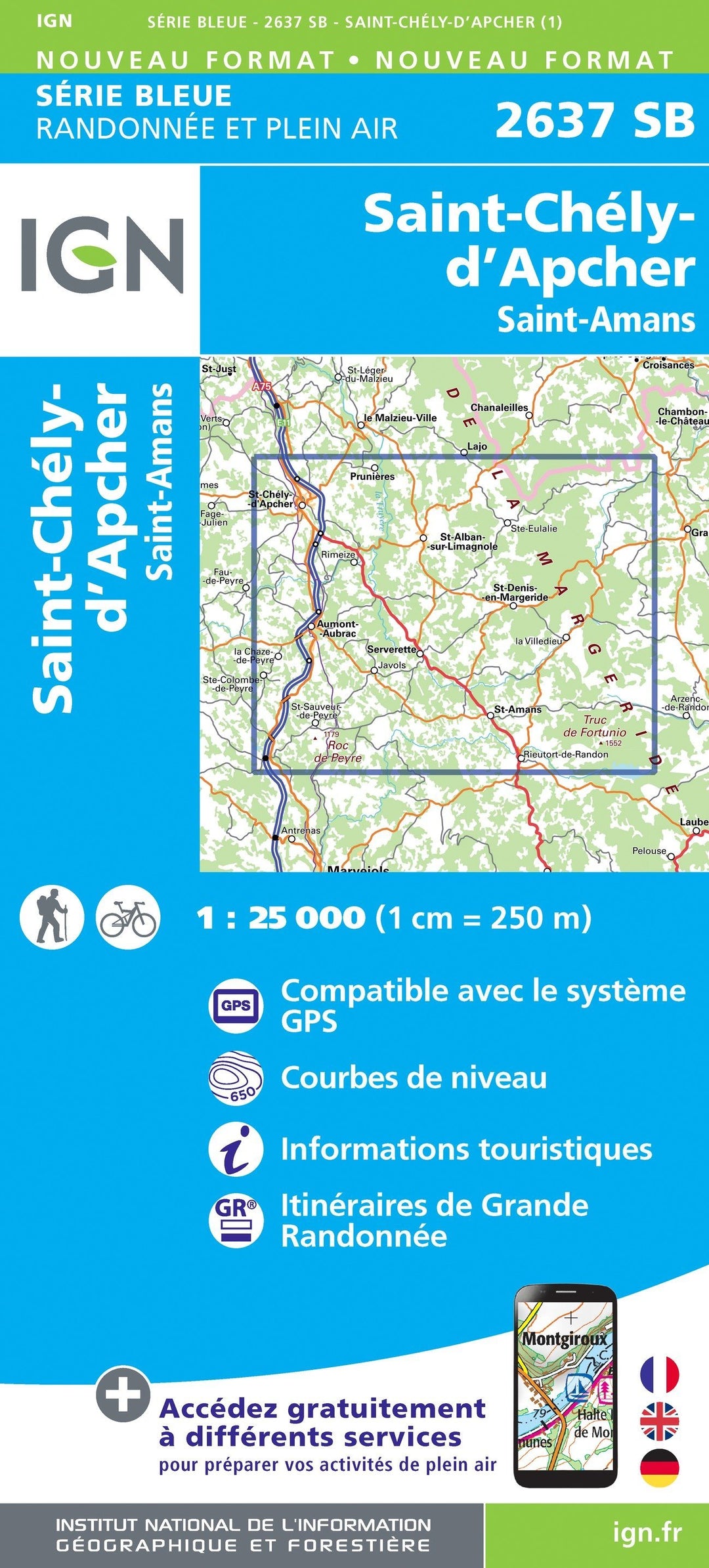 Carte de randonnée n° 2637 - Saint-Chély-d'Apcher, Saint-Amans | IGN - Série Bleue carte pliée IGN 