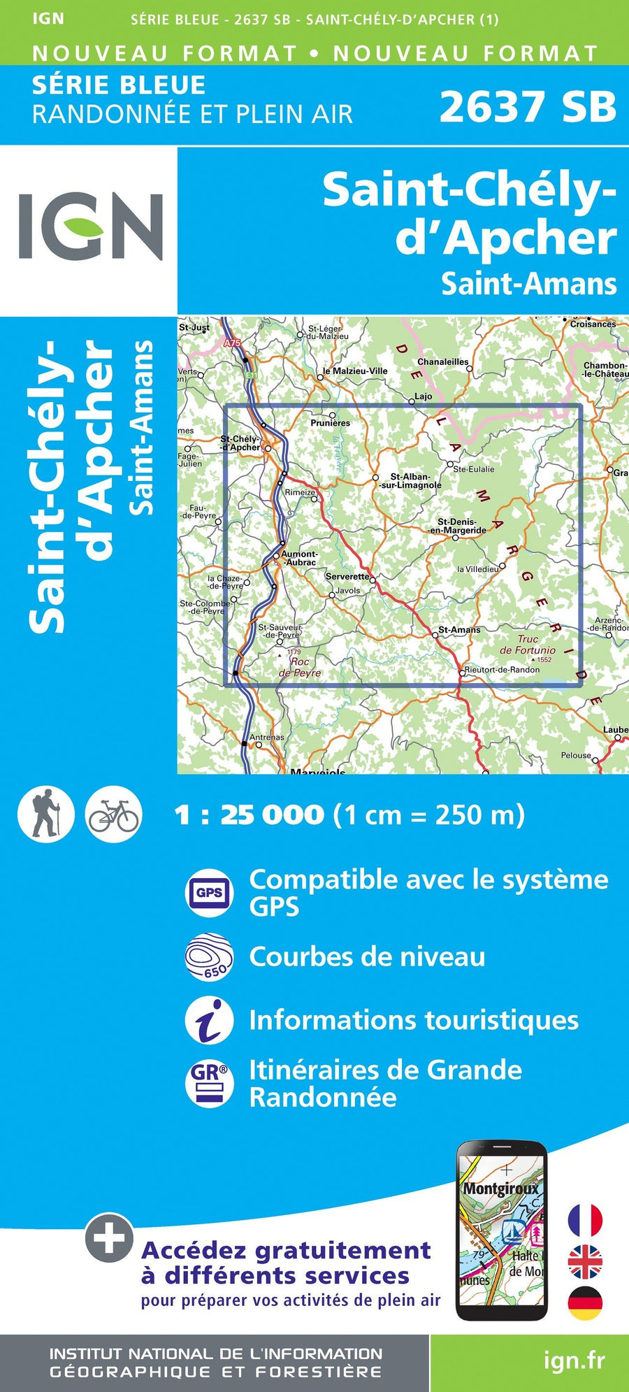 Carte de randonnée n° 2637 - Saint-Chély-d'Apcher, Saint-Amans | IGN - Série Bleue carte pliée IGN 