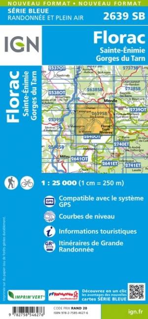 Carte de randonnée n° 2639 - Florac, Sainte-Enimie, Gorges du Tarn | IGN - Série Bleue carte de randonnée IGN