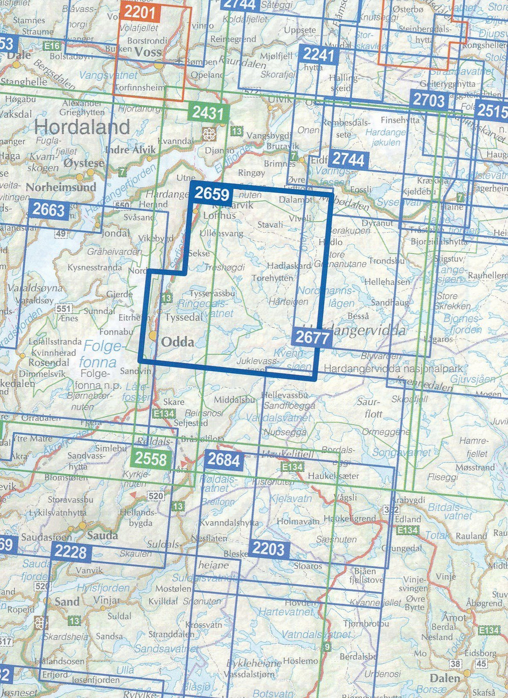 Carte de randonnée n° 2659 - Hardangervidda Vest (Norvège) | Nordeca - Turkart 1/50 000 carte pliée Nordeca 