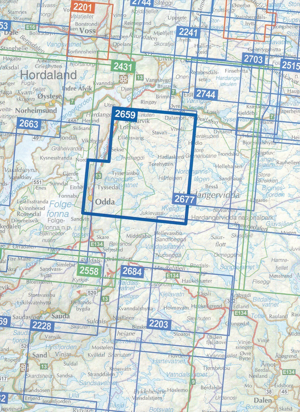 Carte de randonnée n° 2659 - Hardangervidda Vest (Norvège) | Nordeca - Turkart 1/50 000 carte de randonnée Nordeca
