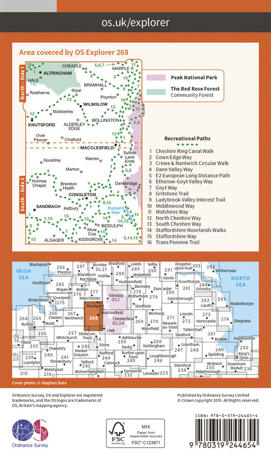 Carte de randonnée n° 268 - Wilmslow, Macclesfield, Congleton (Grande Bretagne) | Ordnance Survey - Explorer carte de randonnée Ordnance Survey Papier