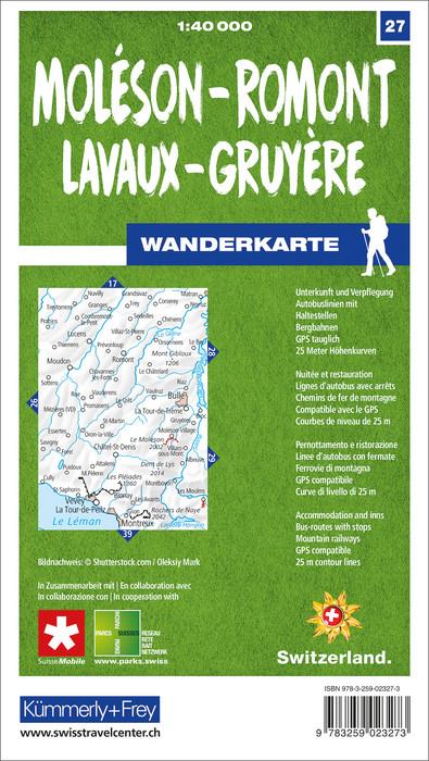 Carte de randonnée n° 27 - Moléson, Romont, Lavaux, Gruyère (Suisse) | Kümmerly & Frey-1/40 000 carte de randonnée Kümmerly & Frey