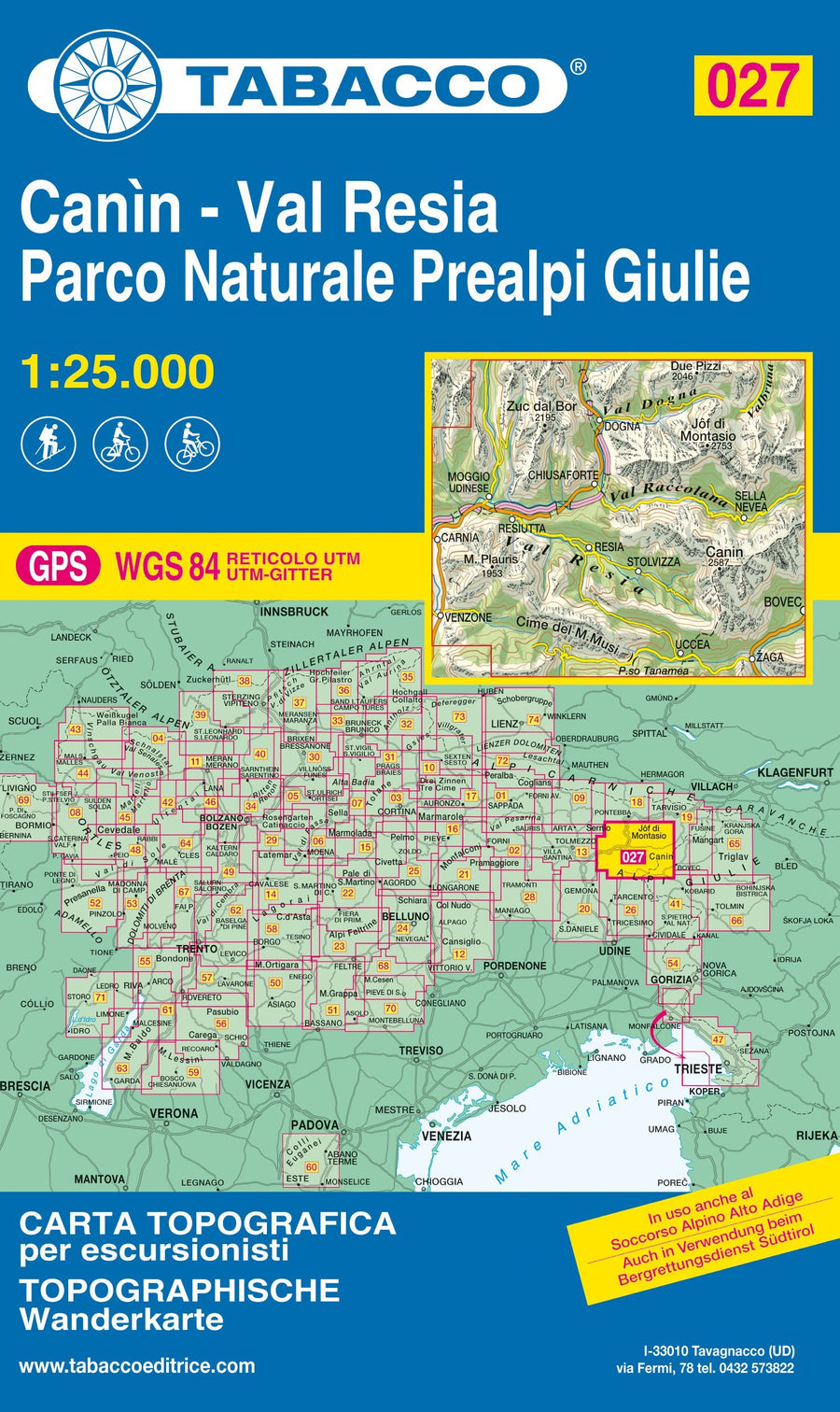 Carte de randonnée n° 27 - Mont Canin, du Val Resia et parc naturel des préalpes de Giulie (Italie) | Tabacco carte pliée Tabacco 2019 