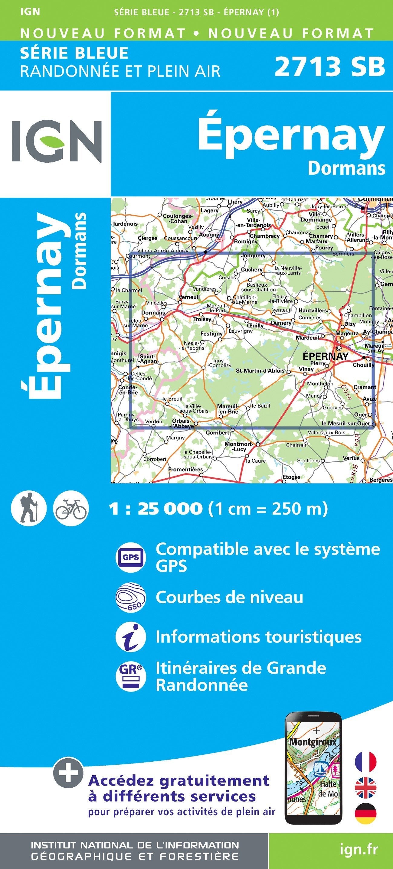 Carte de randonnée n° 2713 - Epernay, Dormans | IGN - Série Bleue carte de randonnée IGN