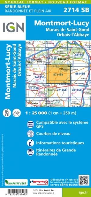 Carte de randonnée n° 2714 - Montmort-Lucy, Marais de Saint-Gond, Orbais-l'Abbaye | IGN - Série Bleue carte pliée IGN 