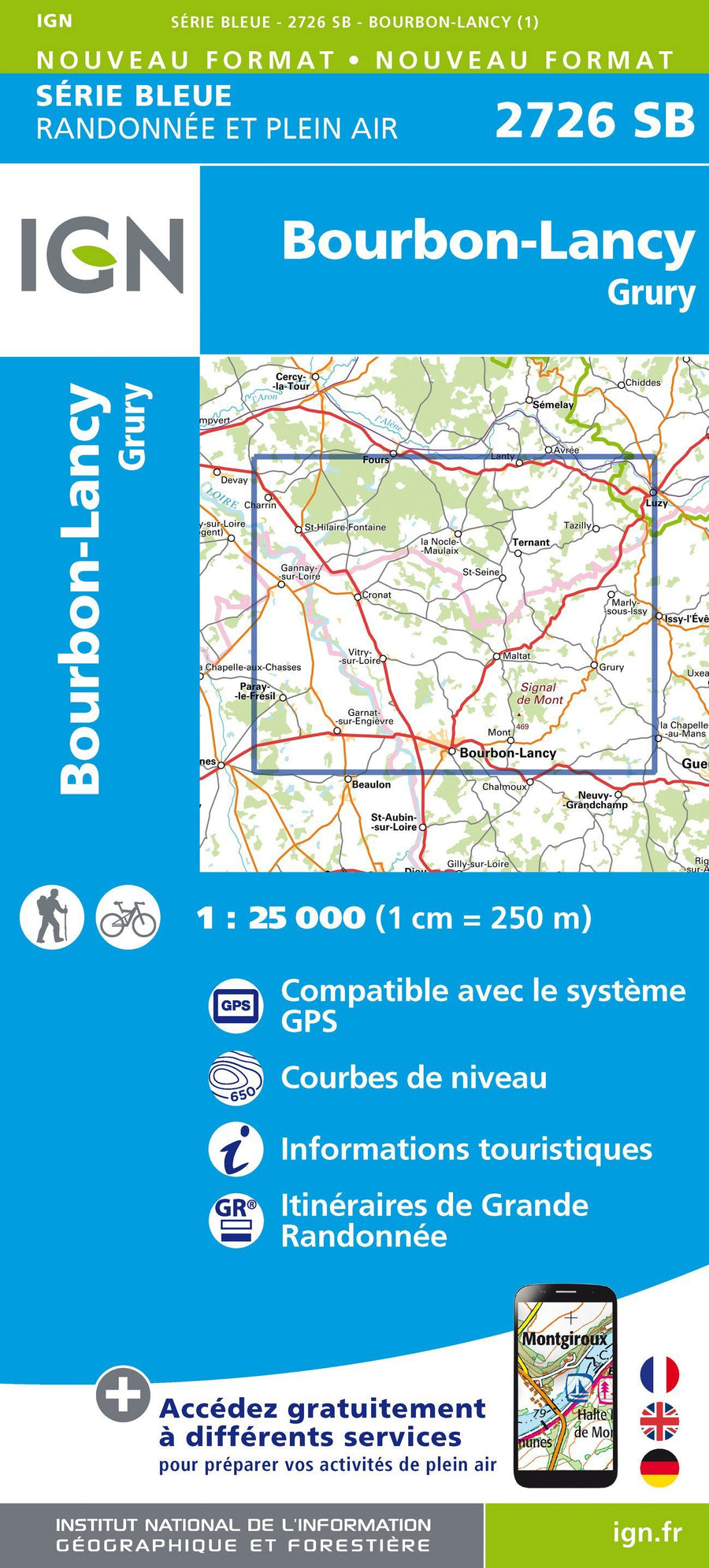 Carte de randonnée n° 2726 - Bourbon-Lancy, Grury | IGN - Série Bleue carte pliée IGN 