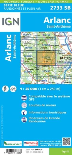 Carte de randonnée n° 2733 - Arlanc, Saint-Anthème | IGN - Série Bleue carte de randonnée IGN