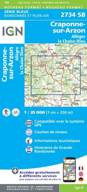 Carte de randonnée n° 2734 - Craponne-sur-Arzon, Allègre, La Chaise-Dieu | IGN - Série Bleue carte pliée IGN 