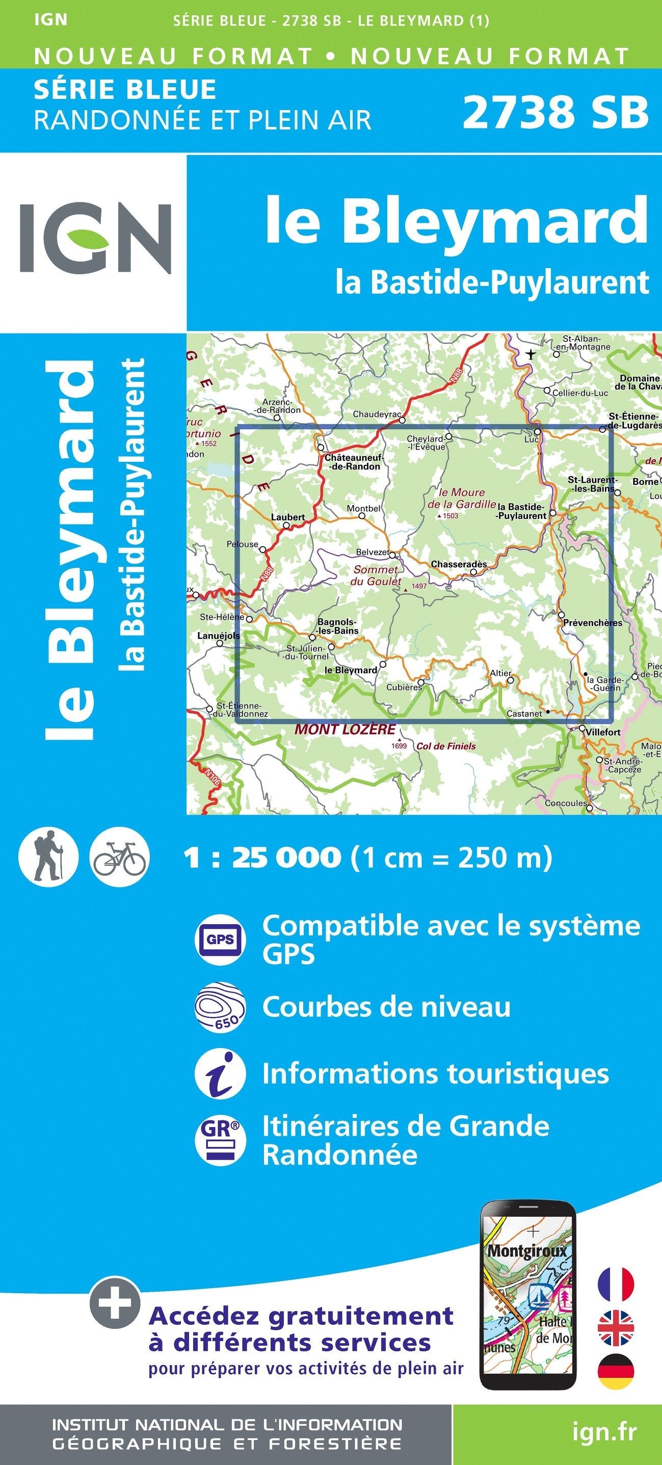 Carte de randonnée n° 2738 - Le Bleymard, la Bastide-Puylaurent | IGN - Série Bleue carte de randonnée IGN