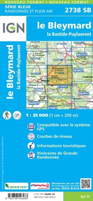 Carte de randonnée n° 2738 - Le Bleymard, la Bastide-Puylaurent | IGN - Série Bleue carte de randonnée IGN