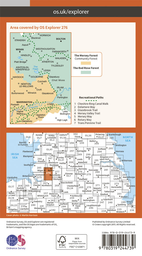 Carte de randonnée n° 276 - Bolton, Wigan, Warrington (Grande Bretagne) | Ordnance Survey - Explorer carte de randonnée Ordnance Survey Papier