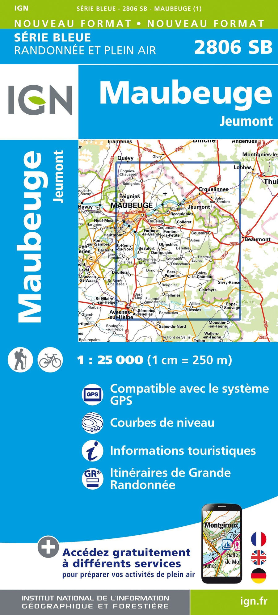 Carte de randonnée n° 2806 - Maubeuge, Jeumont | IGN - Série Bleue carte pliée IGN 