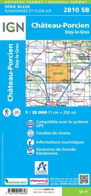 Carte de randonnée n° 2810 - Château-Porcien, Dizy-le-Gros | IGN - Série Bleue carte de randonnée IGN