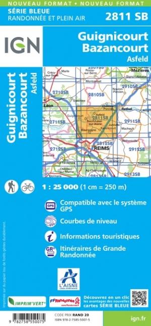 Carte de randonnée n° 2811 - Guignicourt, Bazancourt, Asfeld | IGN - Série Bleue carte de randonnée IGN