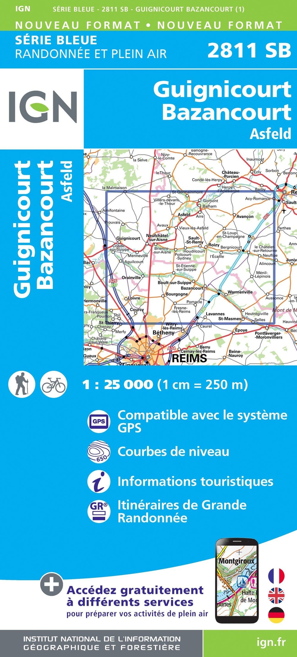 Carte de randonnée n° 2811 - Guignicourt, Bazancourt, Asfeld | IGN - Série Bleue carte pliée IGN 