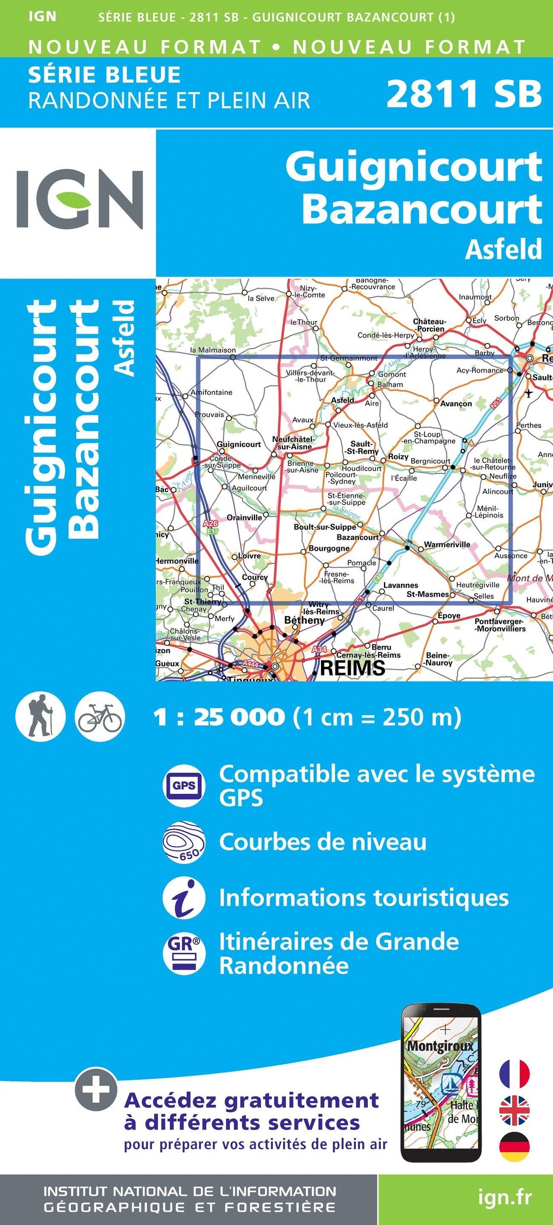 Carte de randonnée n° 2811 - Guignicourt, Bazancourt, Asfeld | IGN - Série Bleue carte pliée IGN 