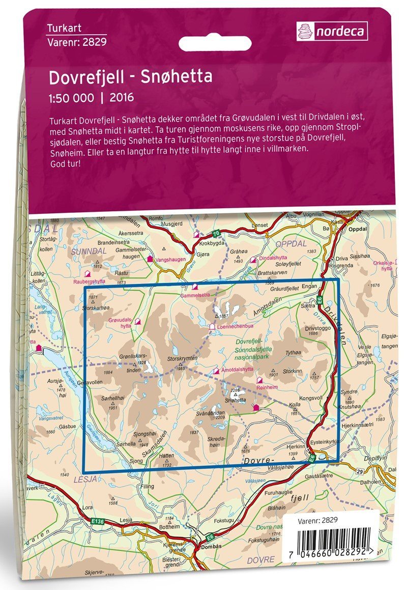 Carte de randonnée n° 2829 - Dovrefjell Snøhetta (Norvège) | Nordeca - Turkart 1/50 000 carte de randonnée Nordeca