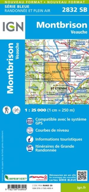 Carte de randonnée n° 2832 - Montbrison, Veauche | IGN - Série Bleue carte de randonnée IGN