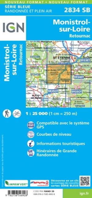 Carte de randonnée n° 2834 - Monistrol-sur-Loire, Retournac | IGN - Série Bleue carte de randonnée IGN