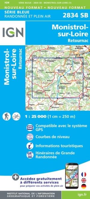 Carte de randonnée n° 2834 - Monistrol-sur-Loire, Retournac | IGN - Série Bleue carte pliée IGN 