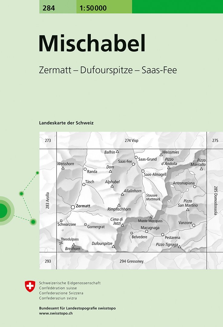 Carte de randonnée n° 284 - Mischabel (Suisse) | Swisstopo - 1/50 000 carte pliée Swisstopo 