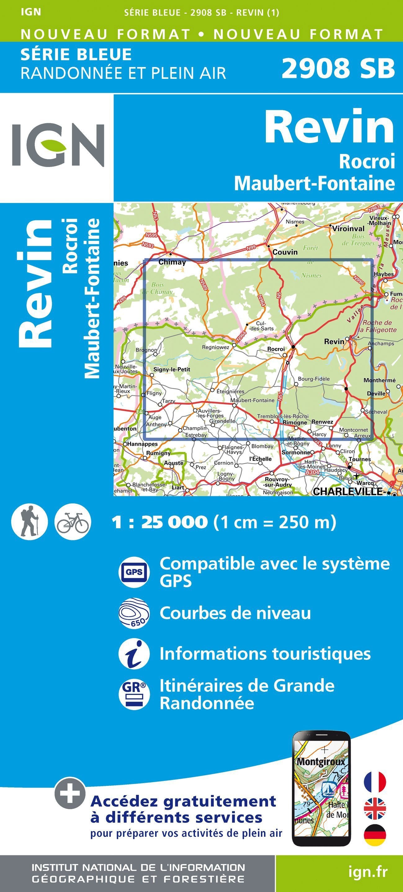 Carte de randonnée n° 2908 - Revin, Rocroi, Maubert-Fontaine | IGN - Série Bleue carte de randonnée IGN Default Title
