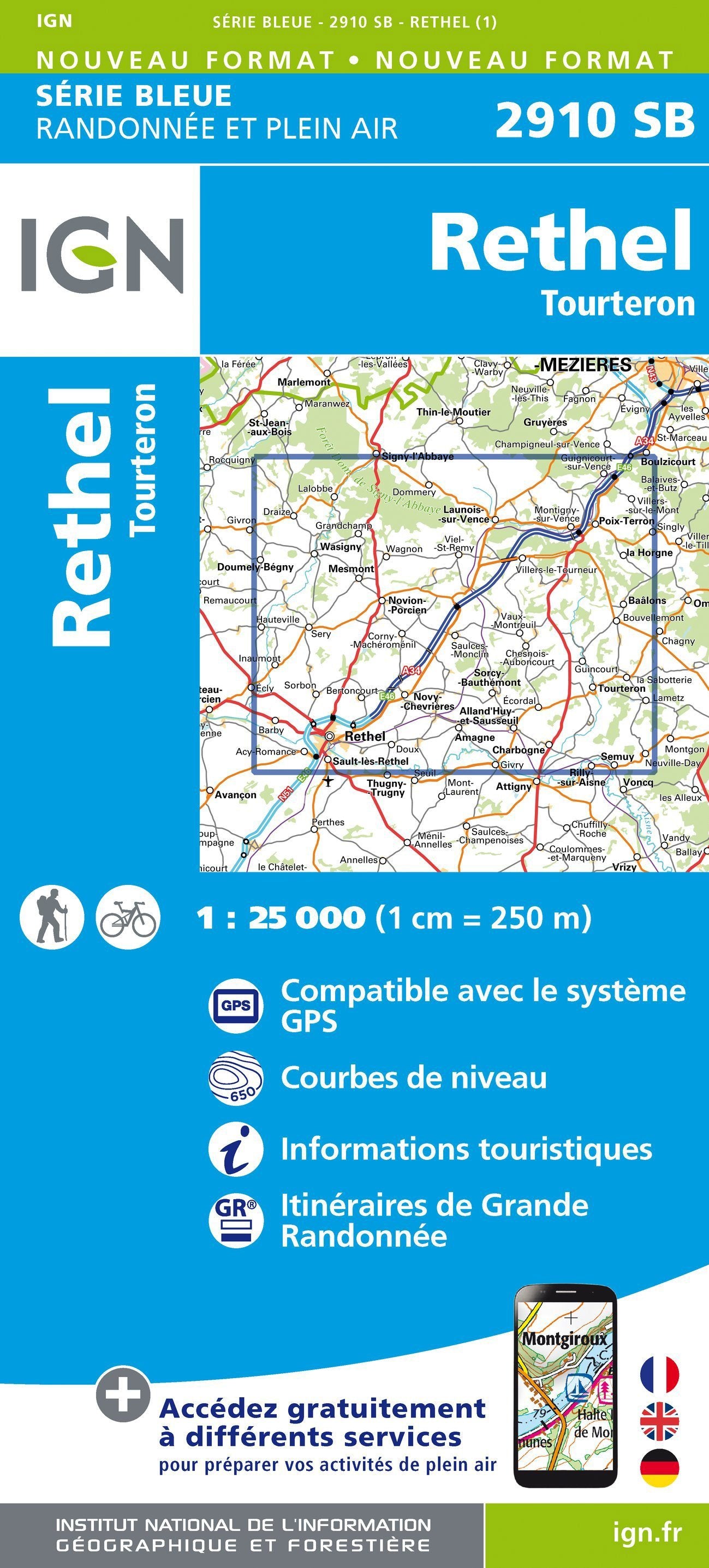 Carte de randonnée n° 2910 - Rethel, Tourteron | IGN - Série Bleue carte de randonnée IGN Default Title