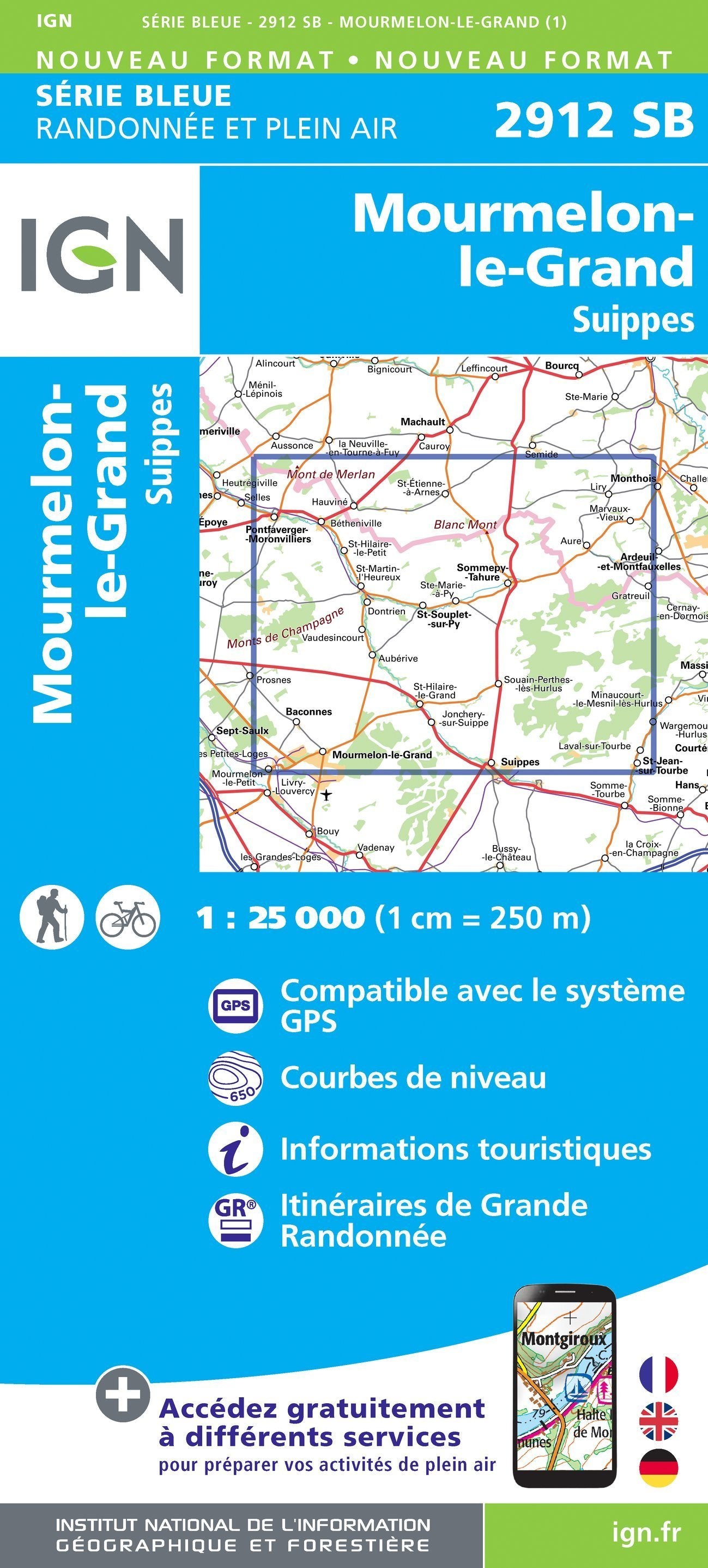 Carte de randonnée n° 2912 - Mourmelon-le-Grand, Suippes | IGN - Série Bleue carte de randonnée IGN