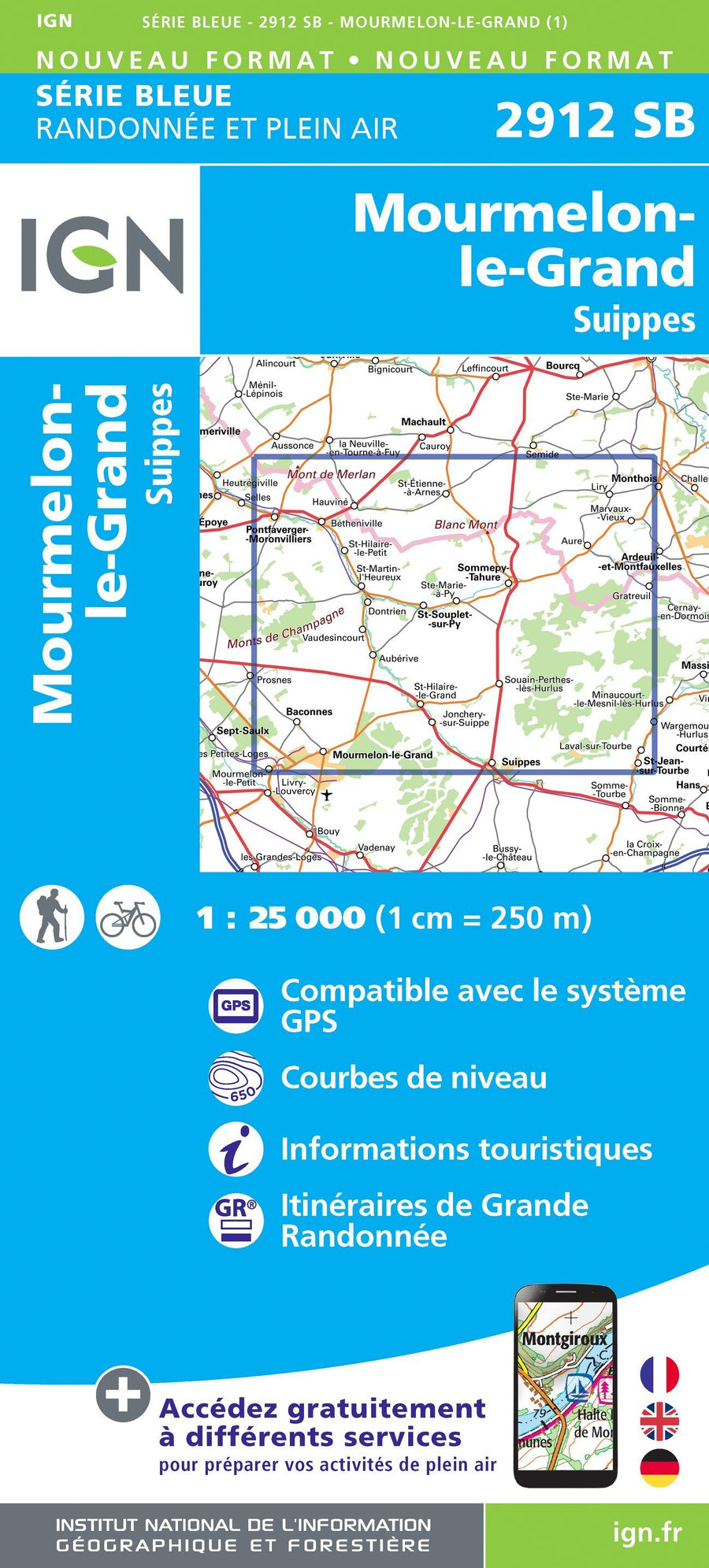 Carte de randonnée n° 2912 - Mourmelon-le-Grand, Suippes | IGN - Série Bleue carte pliée IGN 