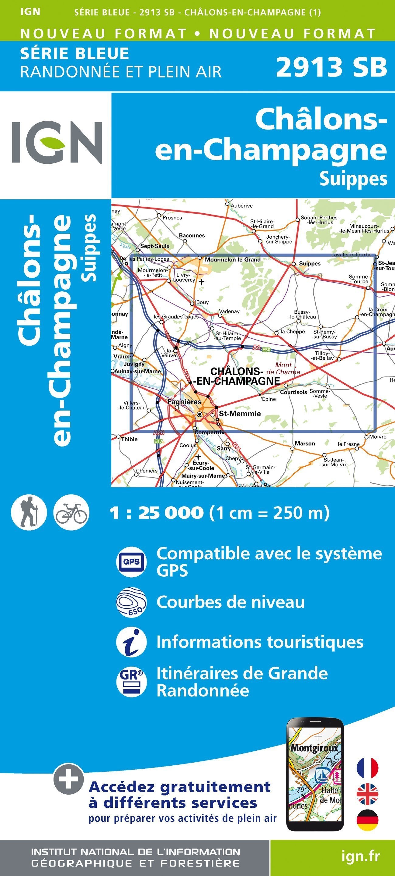 Carte de randonnée n° 2913 - Châlons-en-Champagne, Suippes | IGN - Série Bleue carte de randonnée IGN