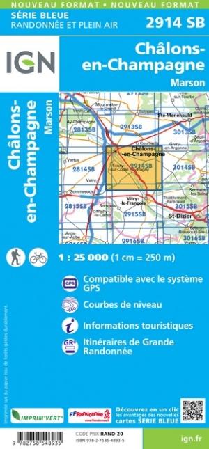 Carte de randonnée n° 2914 - Châlons-en-Champagne, Marson | IGN - Série Bleue carte de randonnée IGN