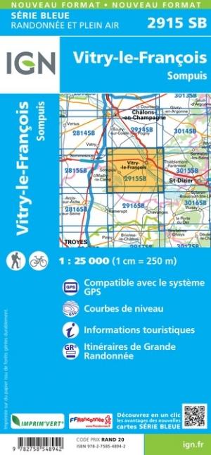Carte de randonnée n° 2915 - Vitry-le-François, Sompuis | IGN - Série Bleue carte pliée IGN 