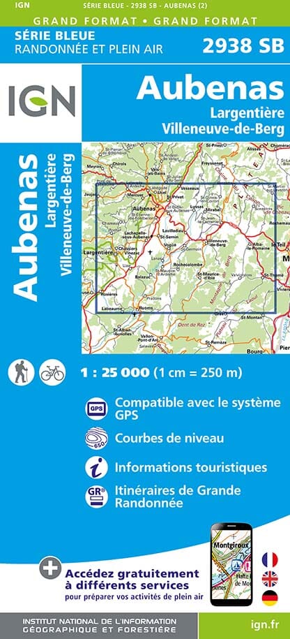 Carte de randonnée n° 2938 - Aubenas, Largentière, Villeneuve-de-Berg | IGN - Série Bleue carte de randonnée IGN