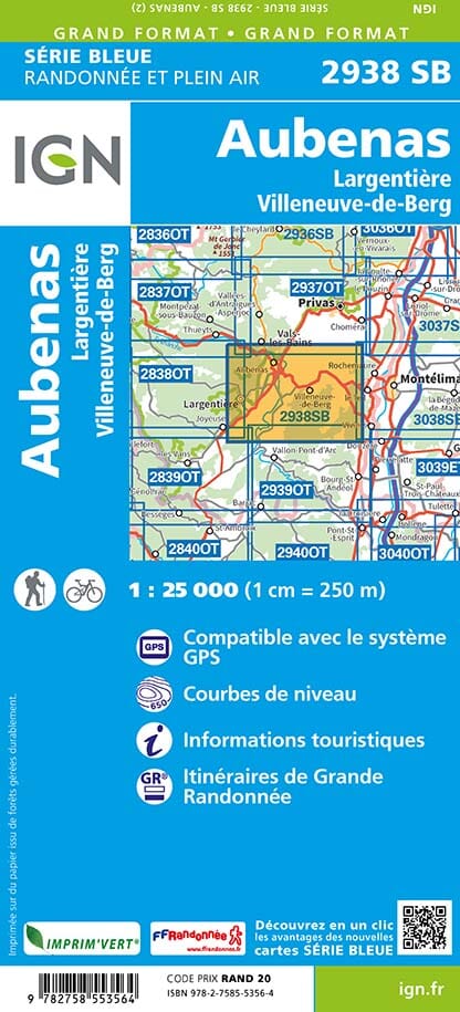 Carte de randonnée n° 2938 - Aubenas, Largentière, Villeneuve-de-Berg | IGN - Série Bleue carte de randonnée IGN