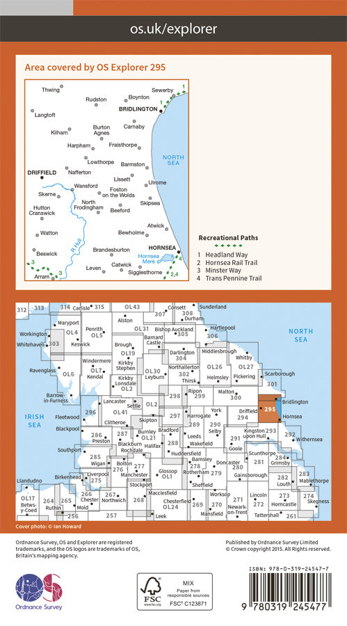 Carte de randonnée n° 295 - Bridlington, Driffield, Hornsea (Grande Bretagne) | Ordnance Survey - Explorer carte de randonnée Ordnance Survey Papier