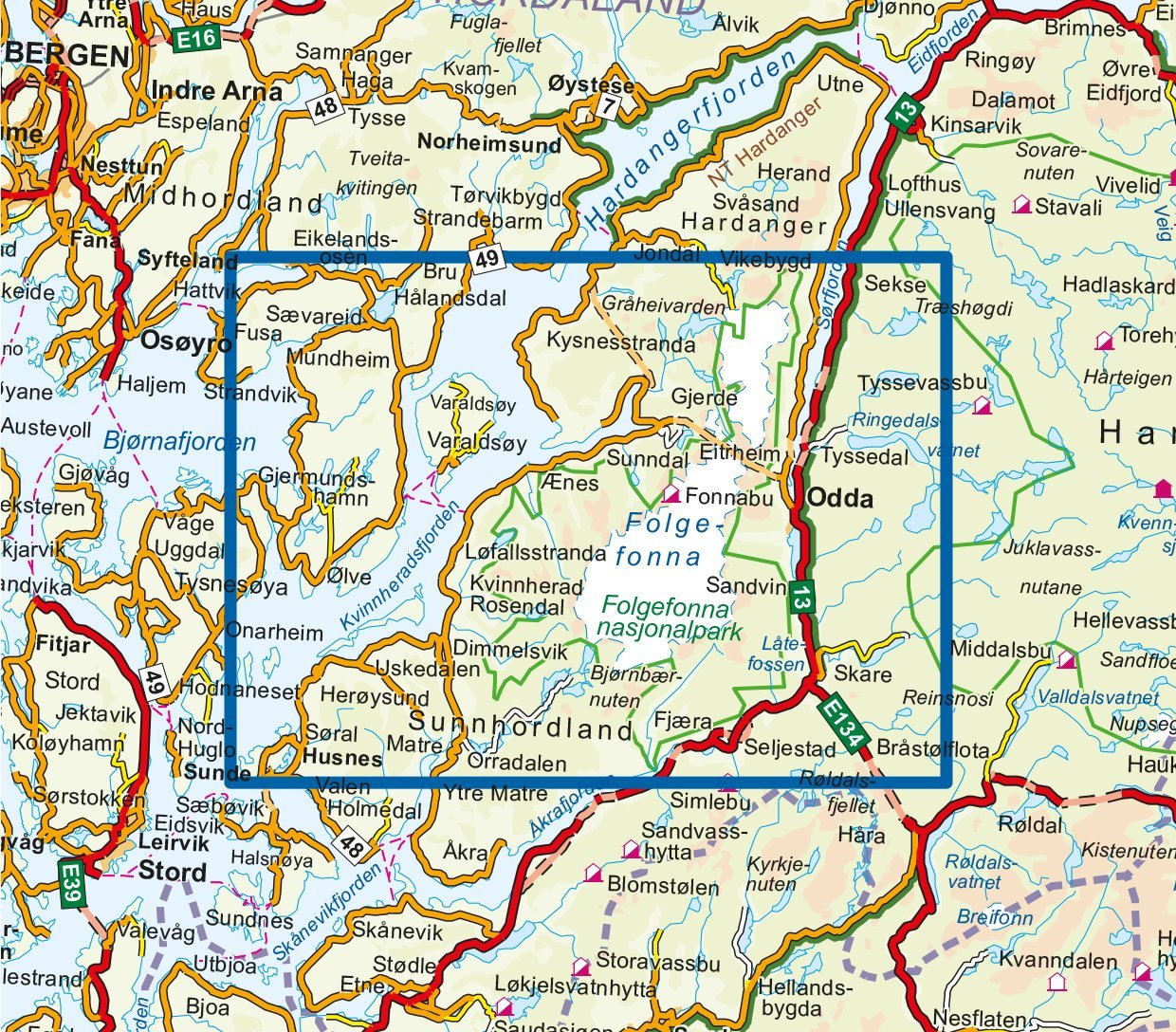 Carte de randonnée n° 3005 - Folgefonna nasjonalpark (Norvège) | Nordeca - série 3000 carte de randonnée Nordeca