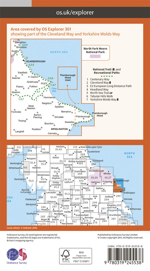 Carte de randonnée n° 301 - Scarborough, Bridlington, Flamborough Head (Grande Bretagne) | Ordnance Survey - Explorer carte de randonnée Ordnance Survey Papier
