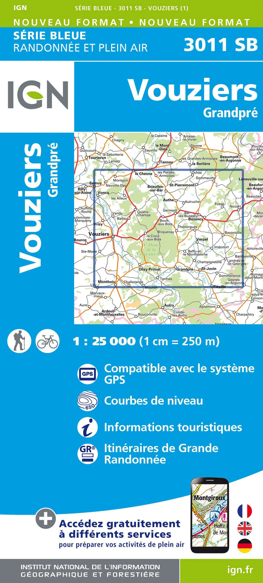 Carte de randonnée n° 3011 - Vouziers, Grandpré | IGN - Série Bleue carte pliée IGN 