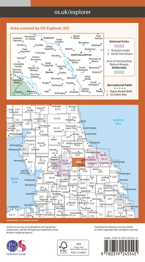 Carte de randonnée n° 302 - Northallerton, Thirsk (Grande Bretagne) | Ordnance Survey - Explorer carte de randonnée Ordnance Survey Papier