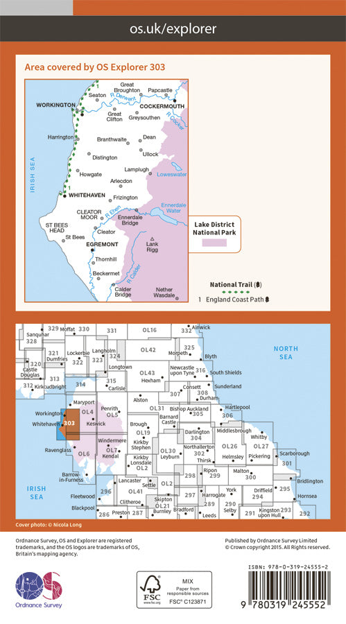 Carte de randonnée n° 303 - Whitehaven, Workington (Grande Bretagne) | Ordnance Survey - Explorer carte pliée Ordnance Survey Papier 