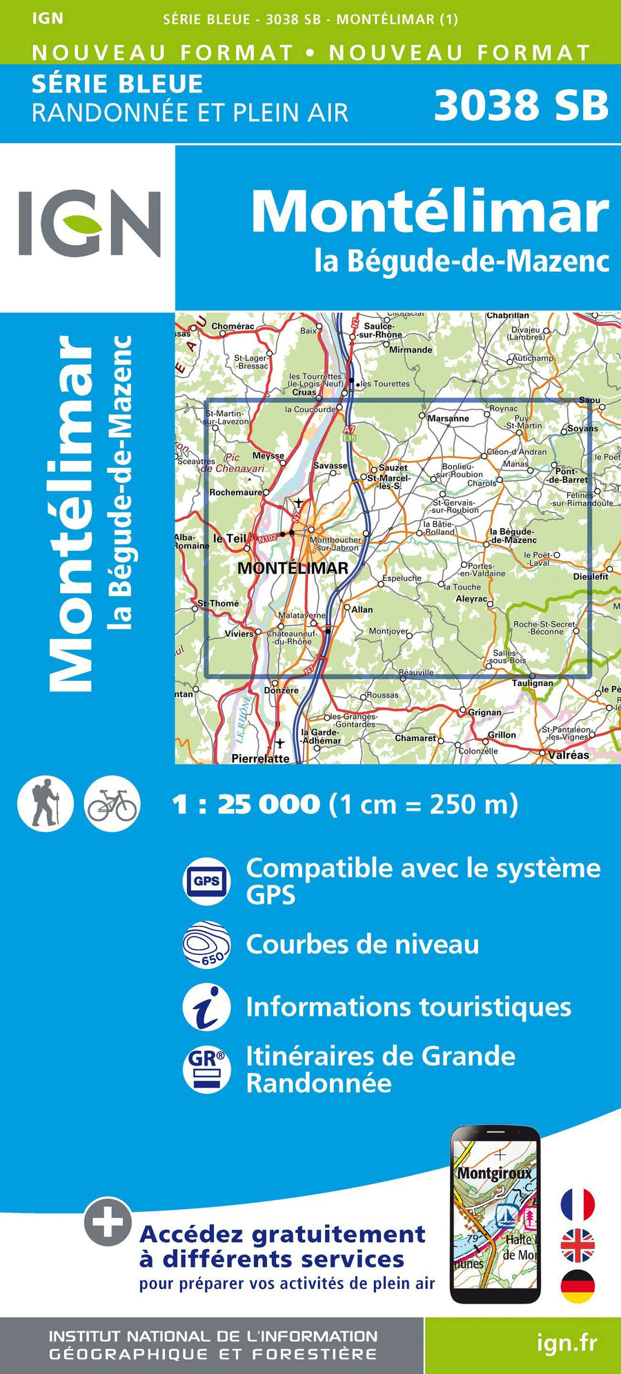 Carte de randonnée n° 3038 - Montélimar, La Bégude-de-Mazenc | IGN - Série Bleue carte pliée IGN 