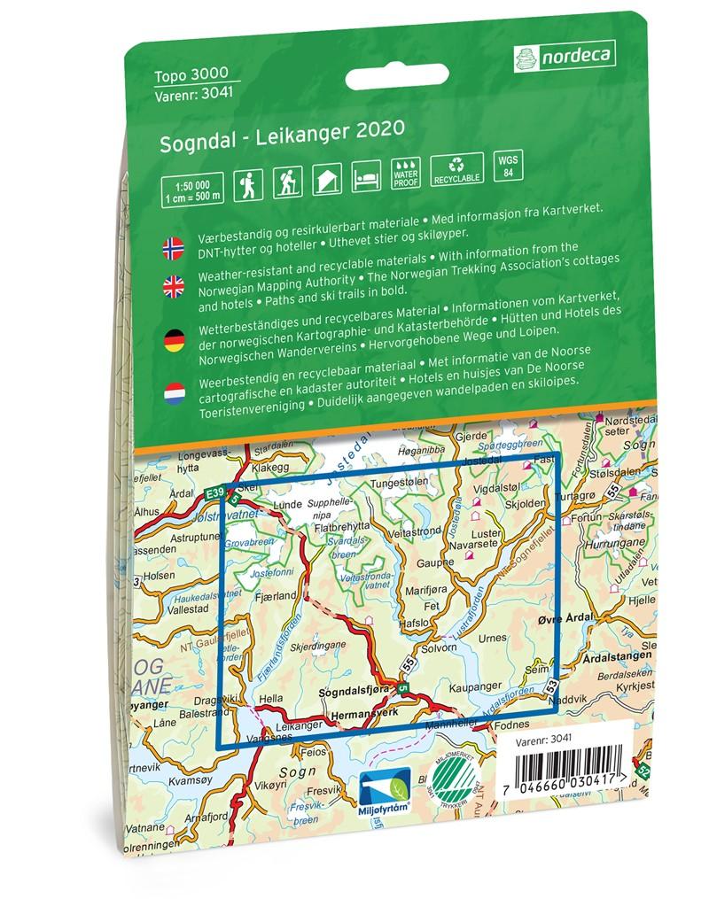 Carte de randonnée n° 3041 - Sogndal - Leikanger (Norvège) | Nordeca - série 3000 carte de randonnée Nordeca