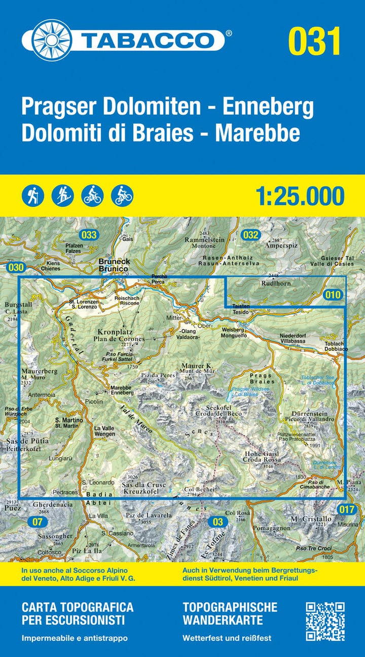 Carte de randonnée n° 31 - Dolomites de Braies, Marebbe | Tabacco carte pliée Tabacco 