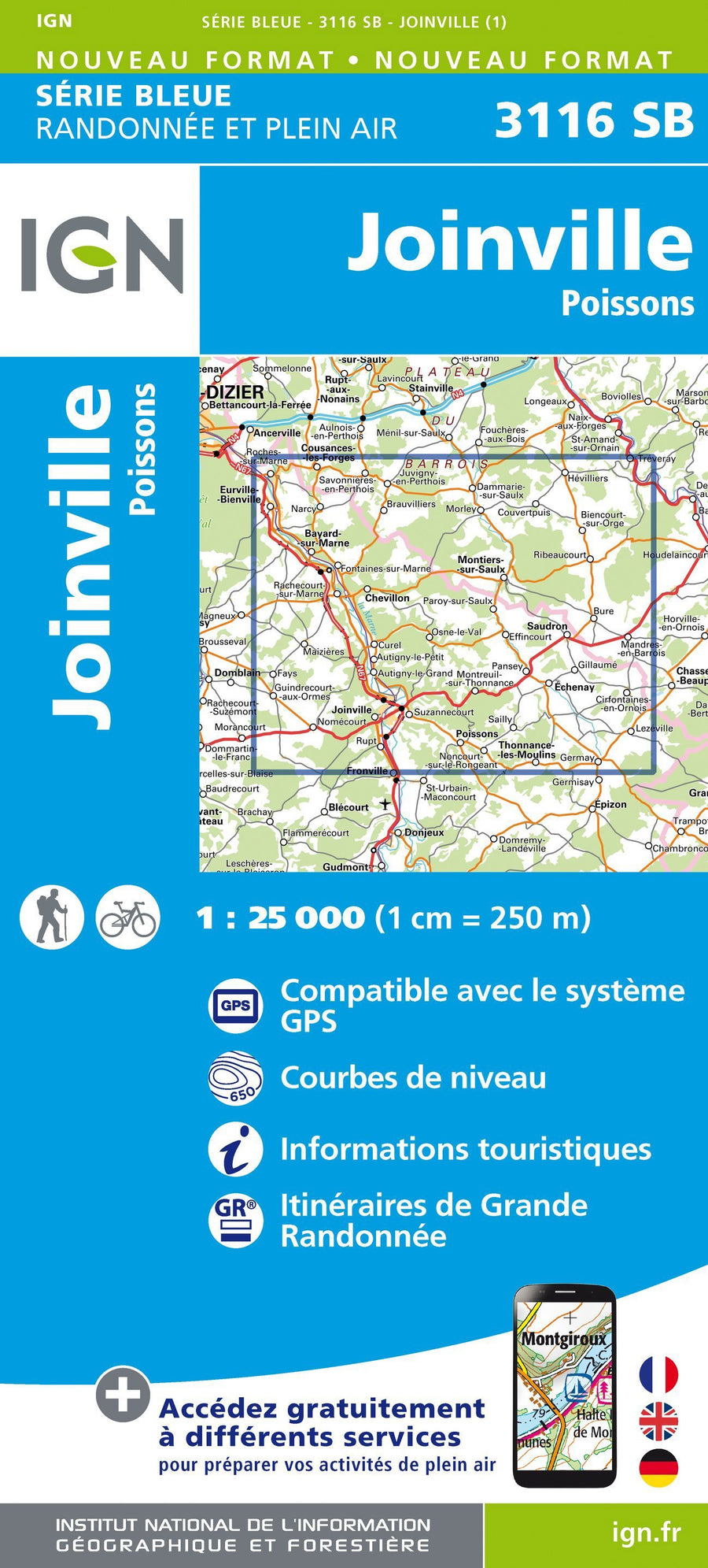 Carte de randonnée n° 3116 - Joinville, Poissons | IGN - Série Bleue carte pliée IGN 