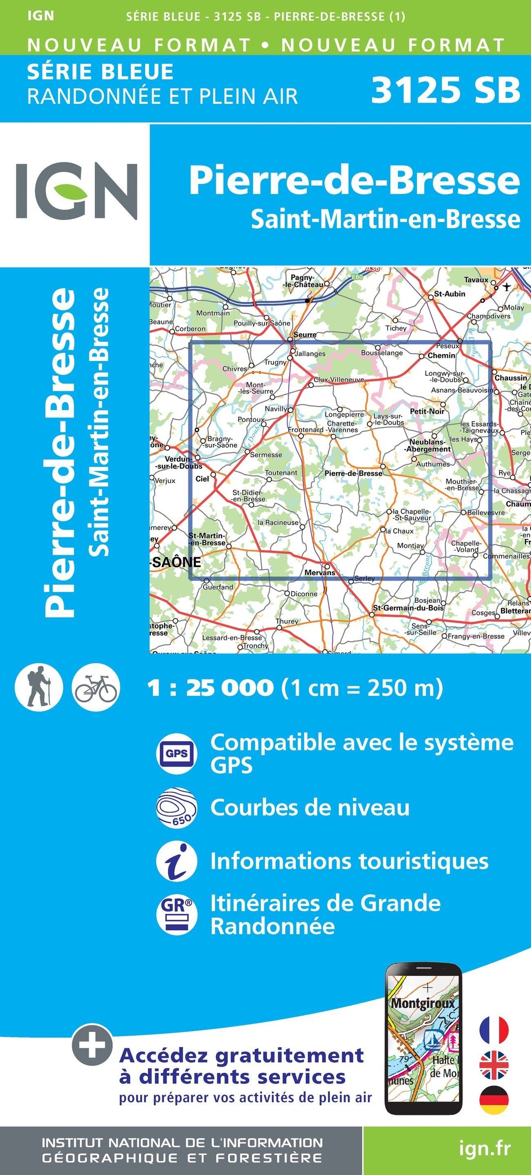 Carte de randonnée n° 3125 - Pierre-de-Bresse, Saint-Martin-en-Bresse | IGN - Série Bleue carte pliée IGN 