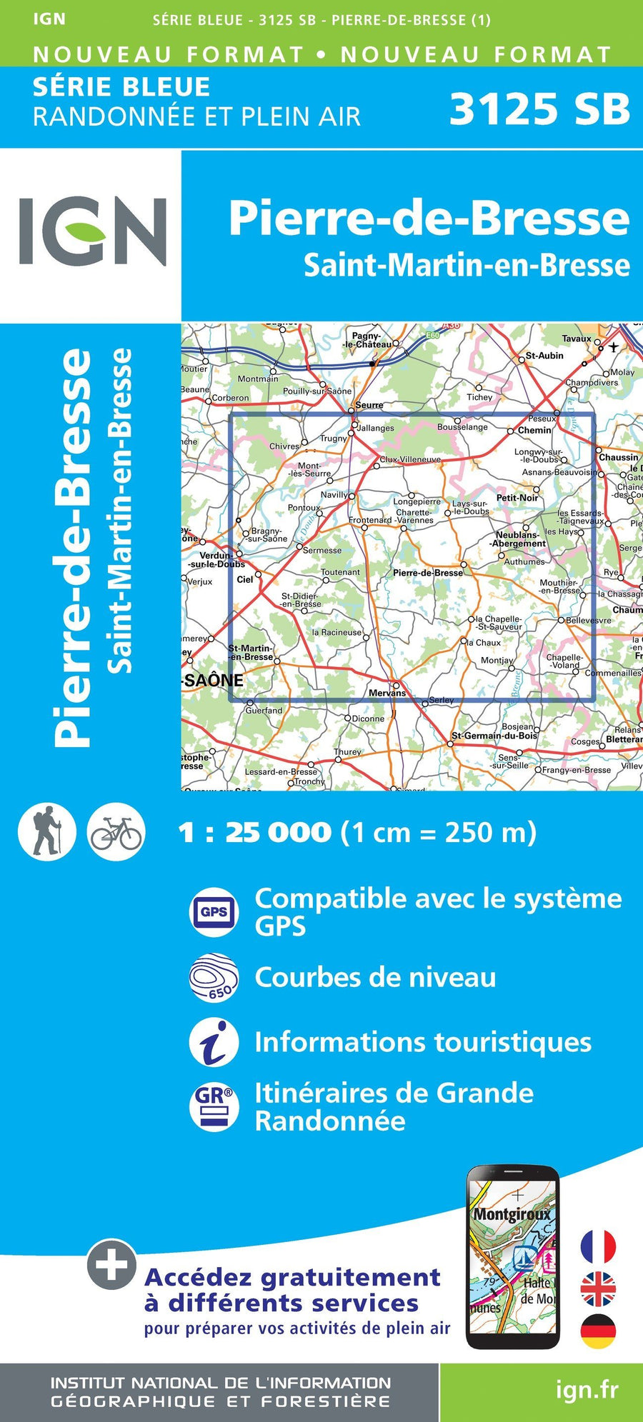 Carte de randonnée n° 3125 - Pierre-de-Bresse, Saint-Martin-en-Bresse | IGN - Série Bleue carte pliée IGN 